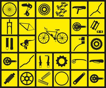 一整套的自行车零配件的黑色剪影图标.二十七个图标,图表元素.